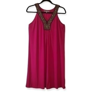 NY Collection V-neck Beaded Fucsia Dress